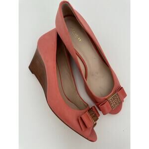 Coach Gretchen Coral Suede Bow Peep Toe Wedge Heels - Size 10B